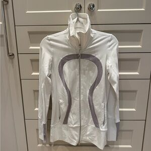 White and Gray Jacket with High Collar and Full-Length Zipper